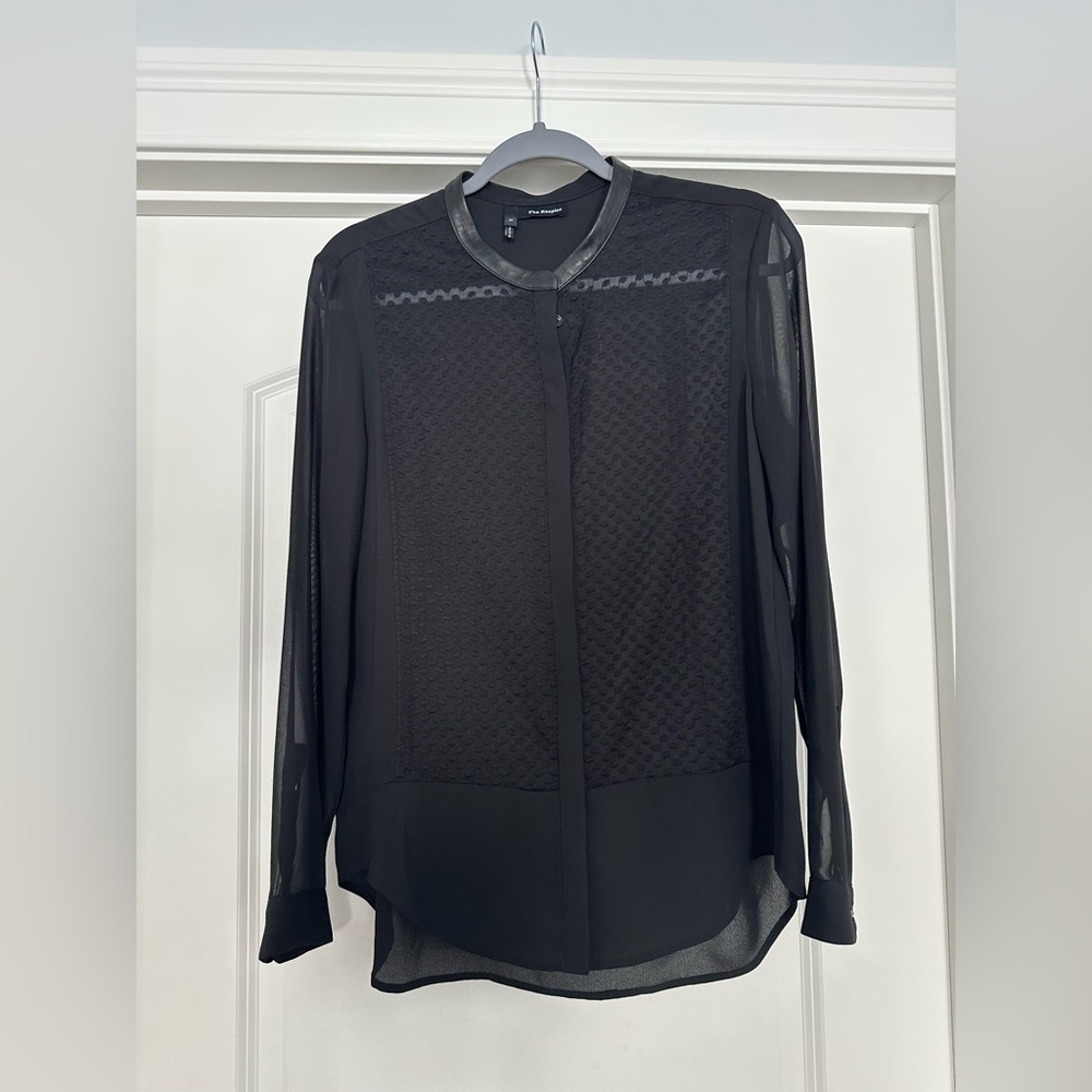 Leather Trim ChiffonBlack Blouse Size M